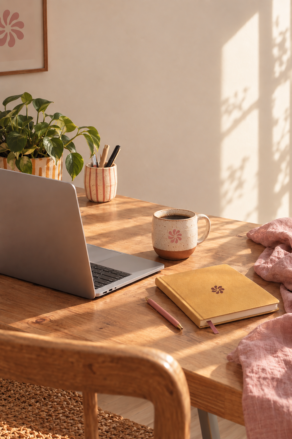 Escritorio con luz natural: portátil, café y cuaderno